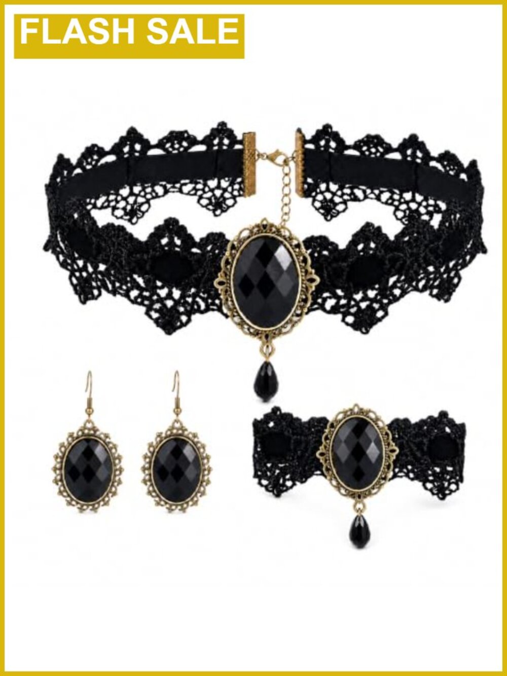 Gothic Lace Choker Necklace Bracelet Earrings Jewelry Set Costume